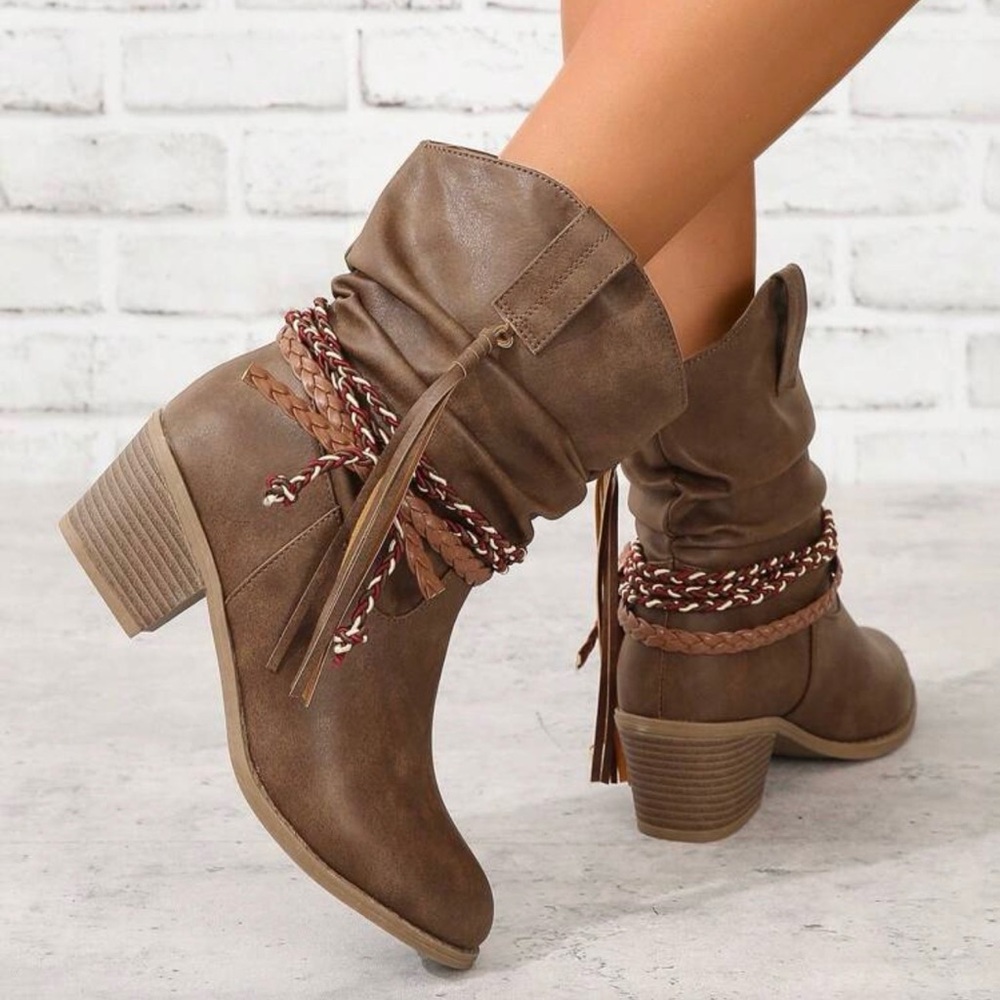 Brown Ankle Boots with Braided Detail - Picture 2 of 14